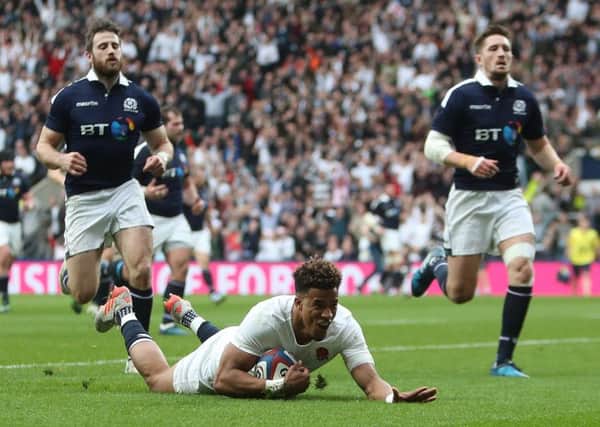 Anthony Watson scores for England as Scotland endured a miserable time at Twickenham. Picture: David Davies/PA Wire