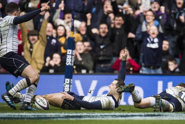 Tim Visser celebrates after scoring his side's third try. Picture: