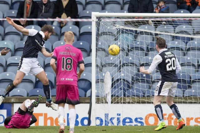 Craig Barr heads home the opening goal from a Chris Johnston free-kick just after the interval. Picture: Ross Parker/SNS