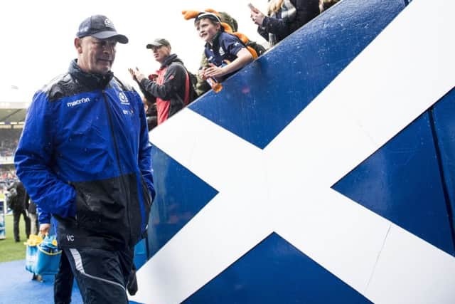 Outgoing coach Vern Cotter takes his leave from Murrayfield for the last time after Scotlands win. Picture: SNS/SRU.