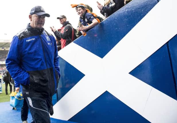 Outgoing coach Vern Cotter takes his leave from Murrayfield for the last time after Scotlands win. Picture: SNS/SRU.