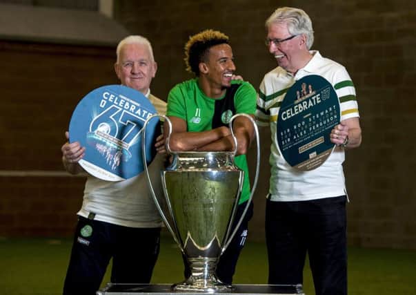 Celtic's Scott Sinclair joins Lisbon Lions Jim Craig and John Clark to launch a 50th anniversary celebration event. Picture: SNS