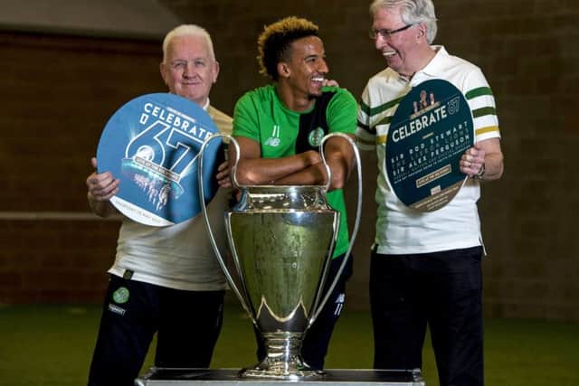 Celtic's Scott Sinclair joins Lisbon Lions Jim Craig, right, and John Clark to launch a 50th anniversary celebration concert starring Sir Rod Stewart. Picture: Craig Williamson/SNS
