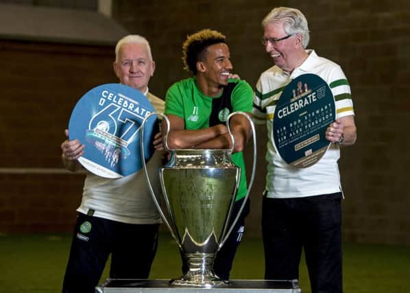 Celtic's Scott Sinclair joins Lisbon Lions Jim Craig, right, and John Clark to launch a 50th anniversary celebration concert starring Sir Rod Stewart. Picture: Craig Williamson/SNS