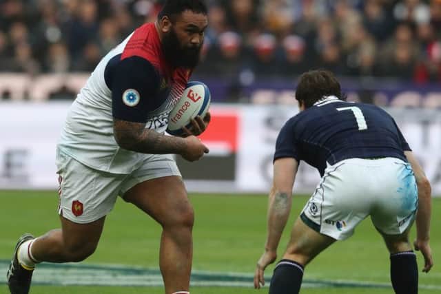 Uini Atonio bears down on Hamish Watson during the RBS Six Nations match between France and Scotland at Stade de France last month. Picture: David Rogers/Getty Images