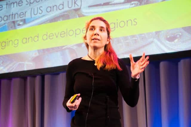 Nuria Oliver, head of research in data science at Vodafone, addresses the inaugural Data Summit at the Assembly Rooms in Edinburgh. Picture: Simon Williams