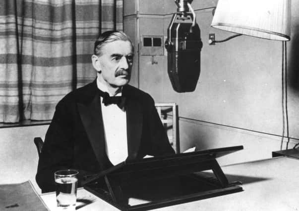 Prime Minister Neville Chamberlain announces the declaration of war in 1939.