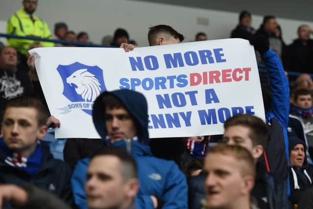 Rangers fans protest the involvement of Mike Ashley and his company Sports Direct. Picture: SNS