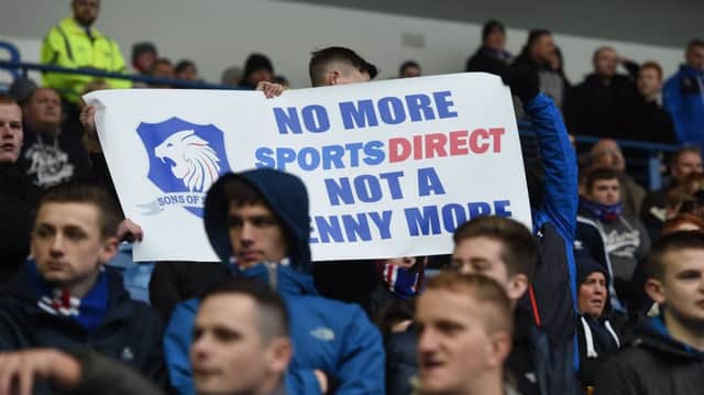 Rangers fans protest the involvement of Mike Ashley and his company Sports Direct. Picture: SNS