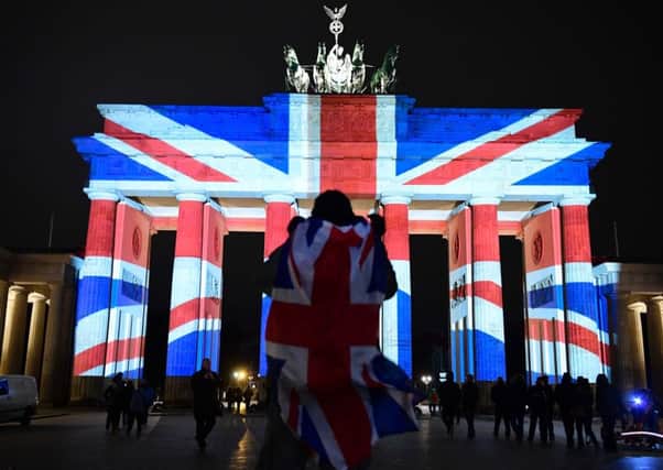 Berlin's landmark Brandenburg Gate is illuminated in the colours of the Union flag. Picture: AFP/Getty Images