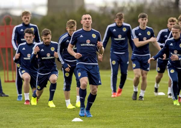 Scott Brown leads the way in training at the Scotland base at Mar Hall. Picture: Alan Harvey/SNS
