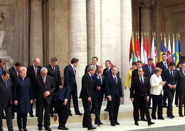 European leaders leave the courtyard of the Musei Capitolini ahead of a special summit of EU leaders to mark the 60th anniversary of the bloc's founding Treaty of Rome. Picture; Getty