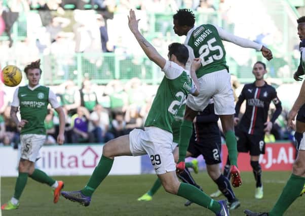 Hibernian's Efe Ambrose scores the opening goal against Falkirk. Picture: SNS
