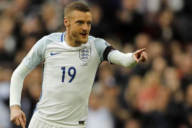 Jamie Vardy celebrates after scoring England's second goal against Lithuania. Picture: AP.