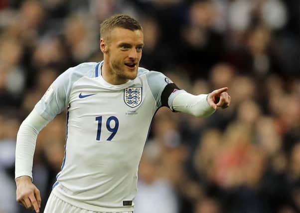 Jamie Vardy celebrates after scoring England's second goal against Lithuania. Picture: AP.