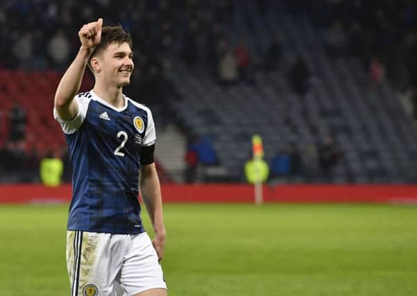 Scotland's Kieran Tierney celebrates at full time. Picture: SNS