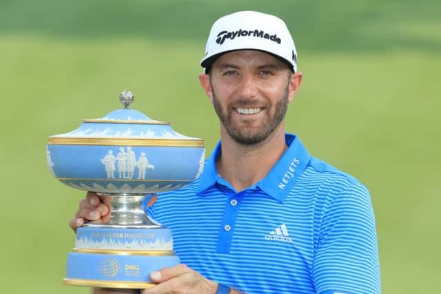 Dustin Johnson shows off the WGC-Dell Technologies Match Play trophy after his win in Texas. Picture: Getty Images