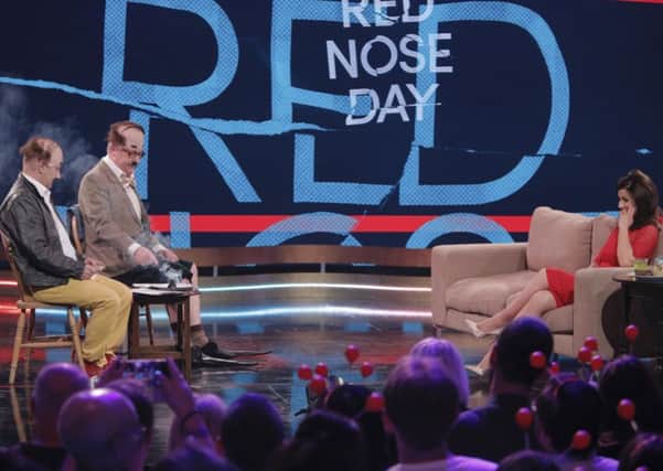 Bob Mortimer and Vic Reeves as the Stotts interviewing  Susanna Reid  for Comic Relief. Picture: Gary Moyes/BBC/PA Wire