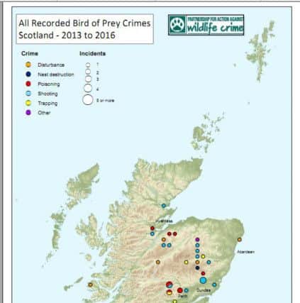 The map shows the distribution of all bird of prey crimes recorded in Scotland from 2013 to 2016.