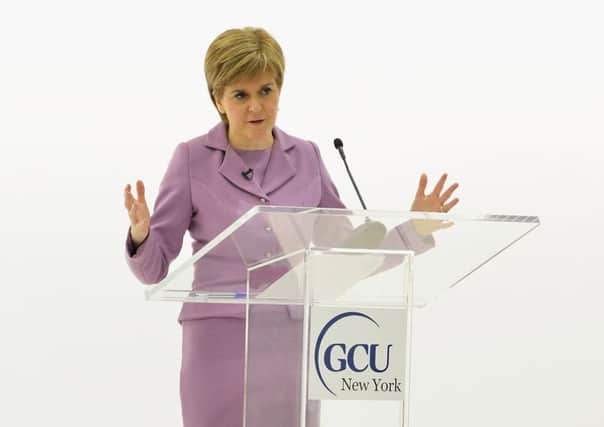 Nicola Sturgeon speaking in New York during her 2015 visit to the States  this time round, there might be fewer politicians and more businesses on the agenda.
