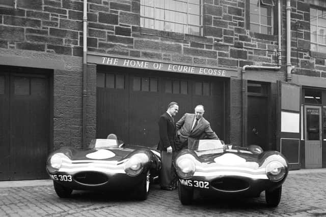 Mr David Murray (owner) and Mr Wilkie Wilkinson (mechanic) at the 'Home of Ecurie Ecosse' - Merchiston Mews. Picture: TSPL