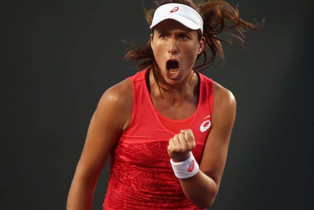 Johanna Konta celebrates during her thrilling comeback win over Simona Halep in Miami.  Picture: Julian Finney/Getty Images