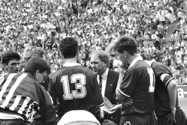 Craig Brown gives the Scotland under-16 team a pep-talk  during the World Youth Cup final against Saudi Arabia at Hampden in 1989. Picture: Bill Stout