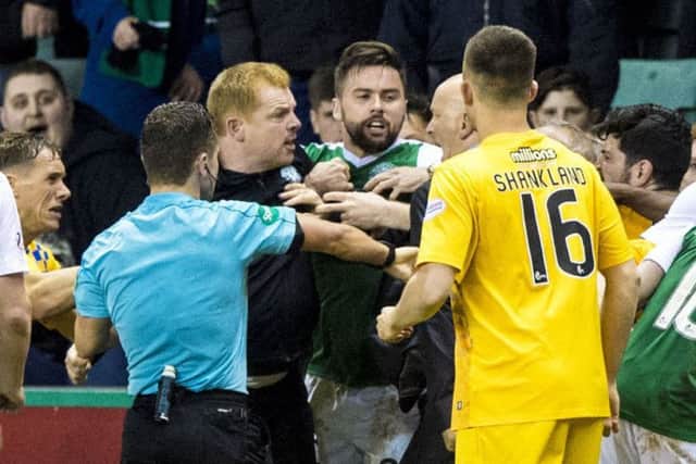 Hibs head coach Neil Lennon clashes with Morton manager Jim Duffy on the touchline at Easter Road. Picture: Alan Harvey/SNS
