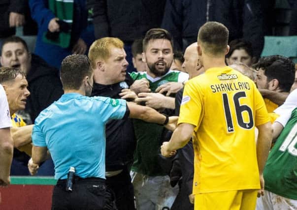 Hibs head coach Neil Lennon clashes with Morton manager Jim Duffy on the touchline at Easter Road. Picture: Alan Harvey/SNS