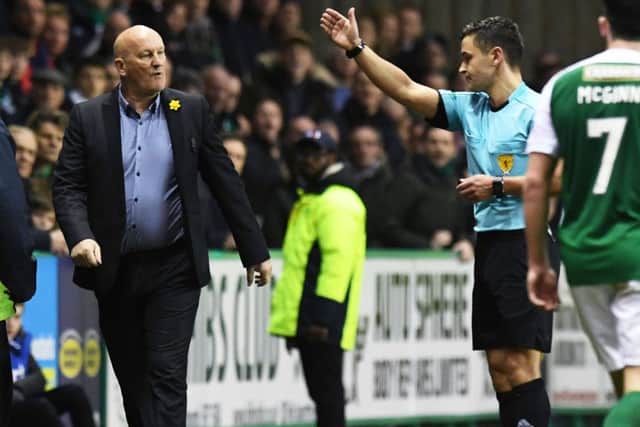 Morton manager Jim Duffy is sent to the stand. Picture: SNS