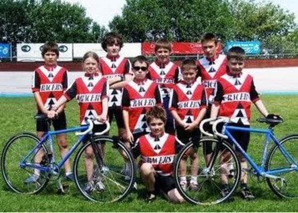 Olympic Gold Medal winner Callum Skinner (back row, arms folded) with fellow riders at Meadowbank Velodrome in 2006