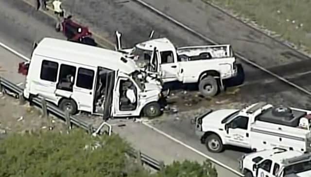 The group of senior adults from First Baptist Church of New Braunfels, Texas, was returning from a retreat when the crash occurred, a church statement said. (KABB/WOAI via AP)