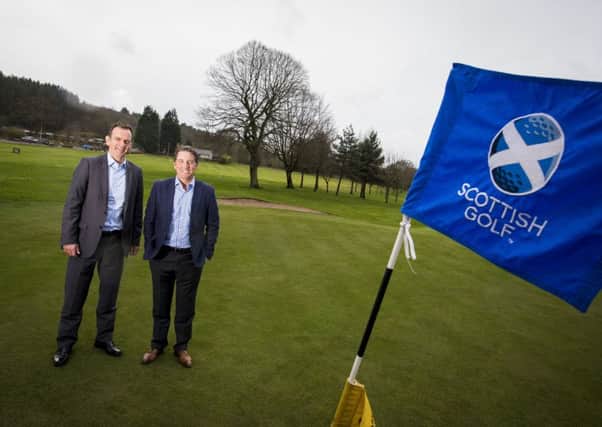 Blane Dodds, CEO Scottish Golf, and former European Tour winner Stephen McAllister at Haggs Castle Golf Club. 
Picture: Craig Watson