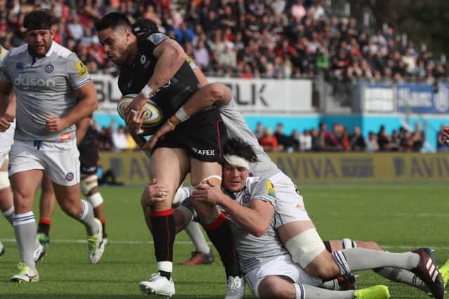 Sean Maitland is tackled during Saracens' 53-10 win over Bath at Allianz Park last weekend. Picture: Getty Images