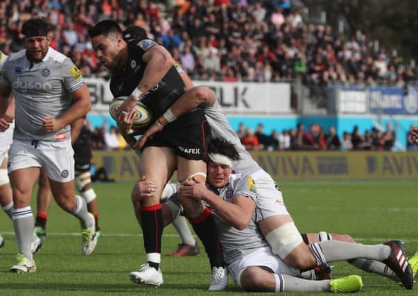 Sean Maitland is tackled during Saracens' 53-10 win over Bath at Allianz Park last weekend. Picture: Getty Images