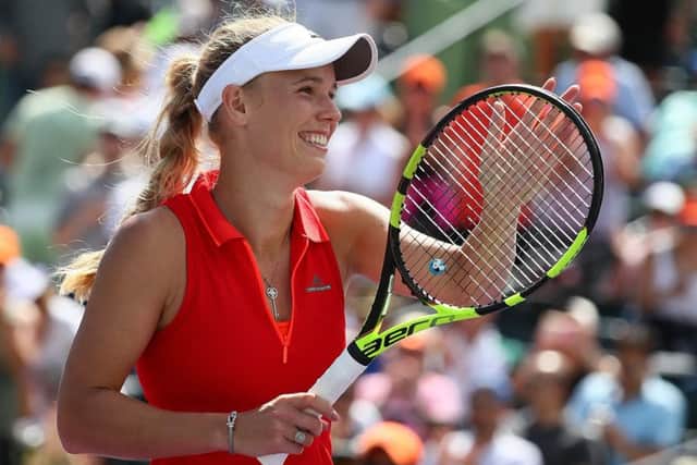 Caroline Wozniacki shows her delight afterd efeating Karolina Pliskova. Picture: Getty.