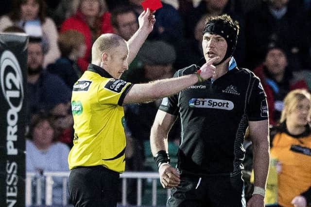 Warriors' Tim Swinson receives a red card during the win over Connacht. Picture: Gary Hutchison/SNS