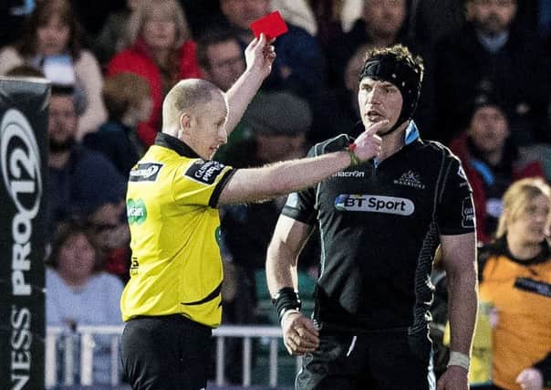 Warriors' Tim Swinson receives a red card during the win over Connacht. Picture: Gary Hutchison/SNS