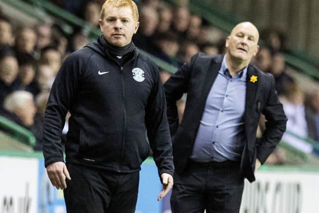 Morton boss Jim Duffy, right, and Neil Lennon before their touchline bust-up on Wednesday night. Picture: Ross MacDonald/SNS