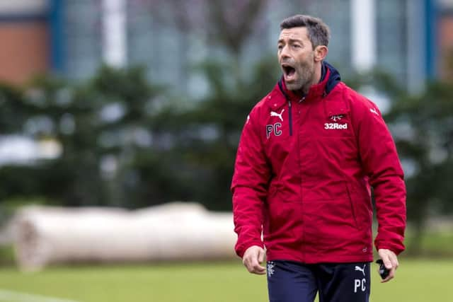 New Rangers manager Pedro Caixinha issues instructions as he takes training. Picture: SNS