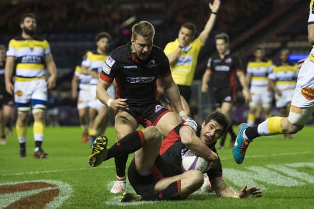 Edinburgh's Phil Burleigh scores a try against La Rochelle. Picture: Bill Murray/SNS