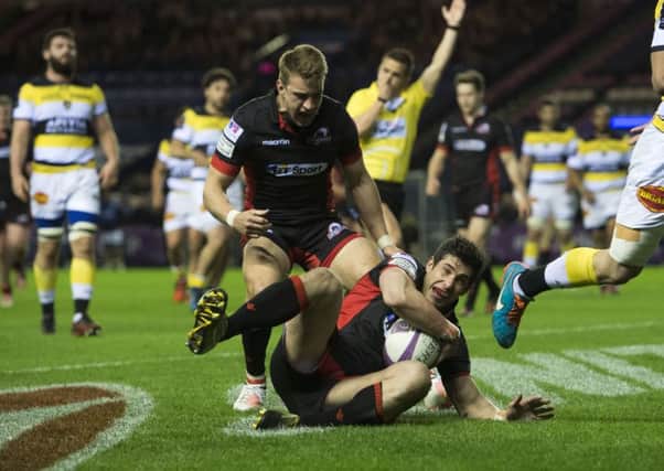 Edinburgh's Phil Burleigh scores a try against La Rochelle. Picture: Bill Murray/SNS