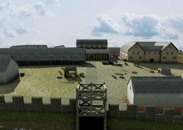 A virtual reconstruction of the Roman fort at Bar Hill, once part of the Antonine Wall defences, near the present day town of Kilsyth in North Lanarkshire. Image:  Centre for Digital Documentation and Visualisation