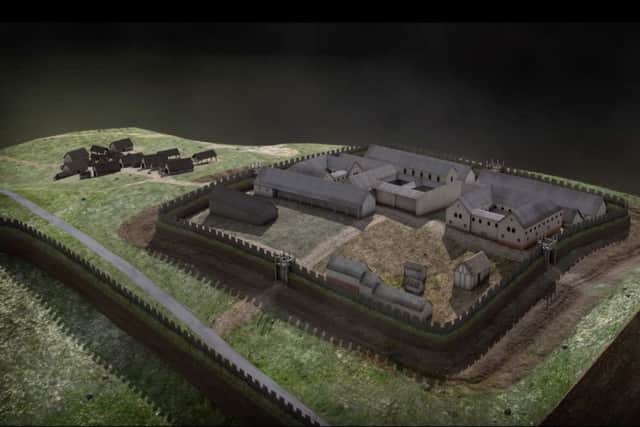 A virtual reconstruction of the Roman fort, showing the main buildings and the possible civilian settlement (vicus) outside.  Image: Centre for Digital Documentation and Visualisation