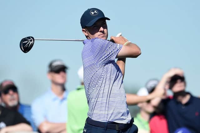 Jordan Spieth hits his tee shot on the 17th hole during the second round of the Shell Houston Open in Humble, Texas. Picture: Stacy Revere/Getty Images