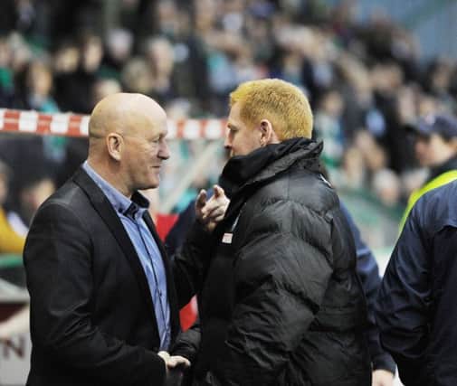 Hibs  boss Neil Lennon and  Morton manager  Jim Duffy .
Picture: Eric McCowat