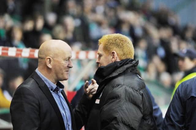 Hibs boss Neil Lennon and Morton manager Jim Duffy .
Picture: Eric McCowat