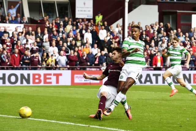 Celtic's Scott Sinclair fires home a debut goal to put his side into the lead against Hearts at Tynecastle. Picture: Rob Casey/SNS
