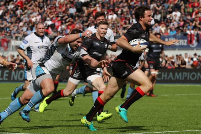 Saracens Marcelo Bosch breaks clear to score a second-half tryagainst Glasgow Warriors. Picture: Getty.