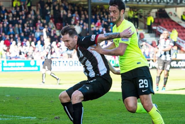 Dunfermline's Callum Morris tussles with Hibernian's Brian Graham. Picture: SNS.